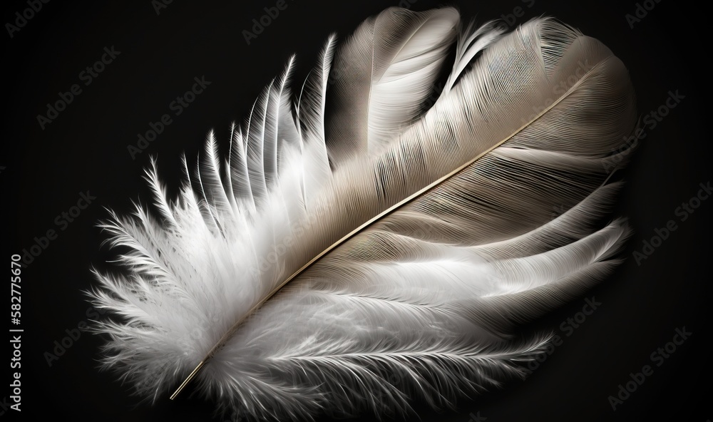 Poster a white feather on a black background with a reflection of the feather on the left side of the image