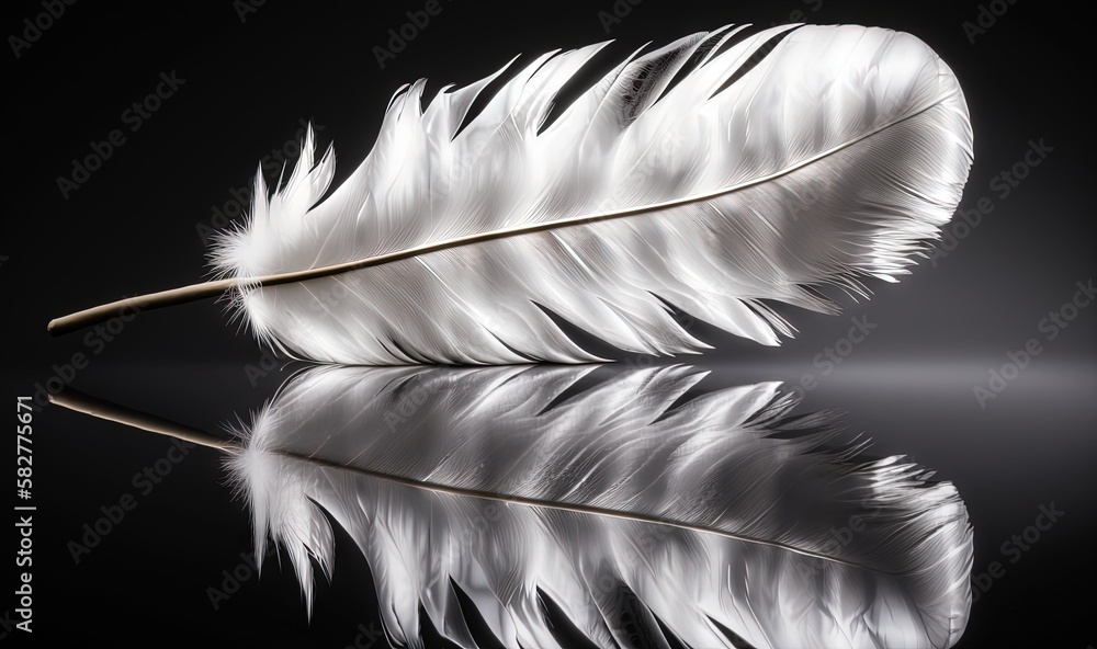 Poster a white feather on a black background with a reflection of it's reflection in the water, with a blac