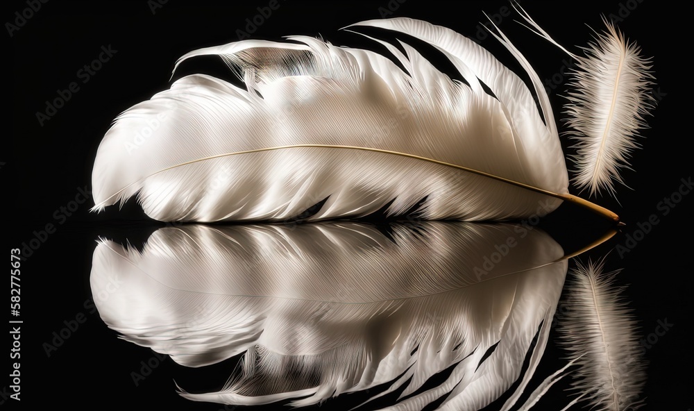 Poster a white feather resting on top of a black surface with a reflection of it in the water's surface, wi