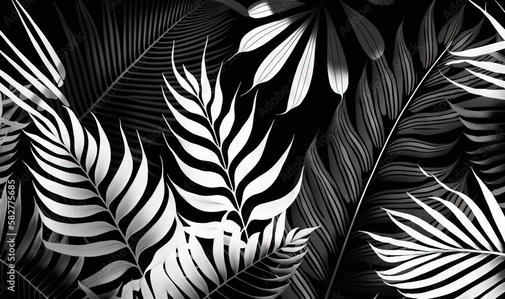 Poster a black and white photo of a bunch of leaves on a black and white background with a black and white 