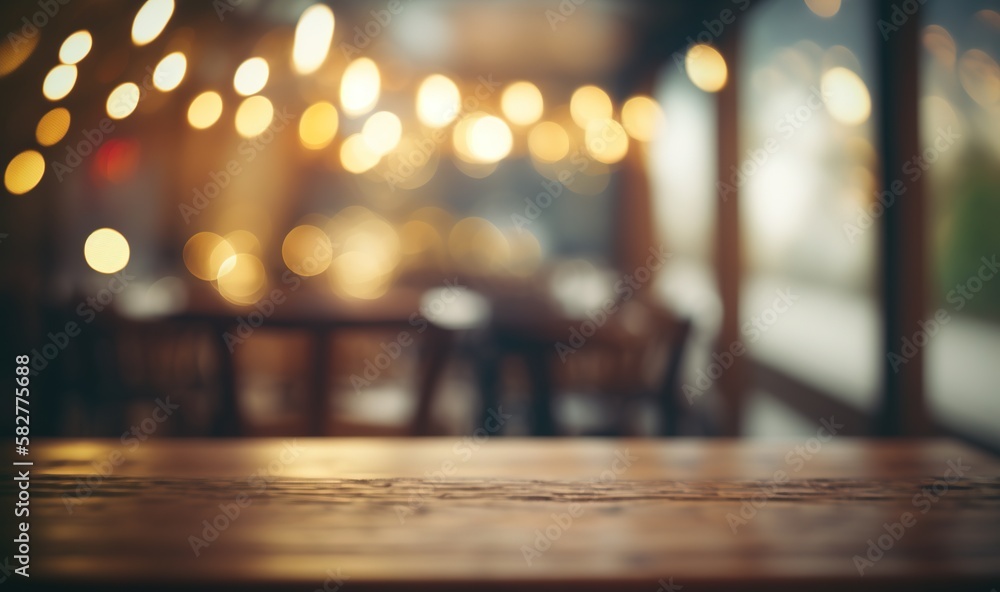 Poster a blurry photo of a table and chairs in a restaurant with lights on the windows behind it and a tabl