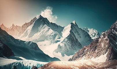 a mountain range with snow covered mountains in the background and a sky filled with clouds in the foreground, with a person standing on a snowboard in the foreground.  generative ai