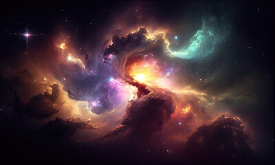 Obraz na płótnie Canvas The universe is a nebula of stars and planets, generative AI