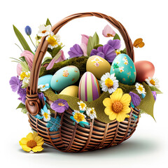Easter bucket with eggs and flowers for spring Easter Holiday - obrazy, fototapety, plakaty