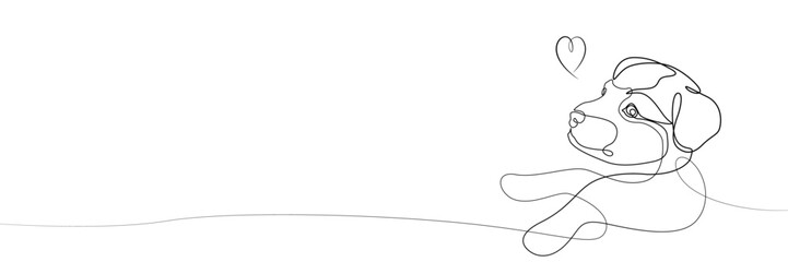 Stylized puppy and heart, vector line drawing. One line dog on a white background. Banner for a pet shop, advertising products for dogs