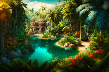 A lush tropical paradise with palm trees, exotic flowers, and clear blue waters