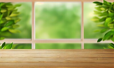 A wooden table in front of a window with a green background, generative AI