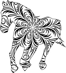 Mandala animal coloring page with horse, Beautiful Horse Jump editable vector illustration