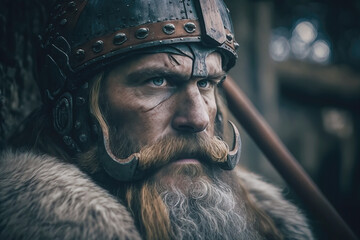 Illustration of handsome strong and muscular Viking warrior. Historical Viking culture concept. Generative AI