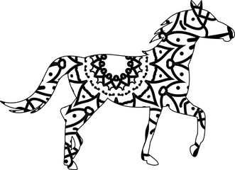 Animal mandala horse coloring book page silhouette of horse editable vector illustration