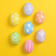 Happy easter holiday celebration concept. Group of painted colourful eggs decoration on a yellow background. Seasonal religion tradition design. Top view, flat lay, copy space.