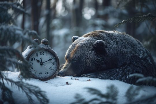 Funny image of a bear hibernating in winter forest snow, having a sleep beside vintage alarm clock to wake him up in spring, generative ai