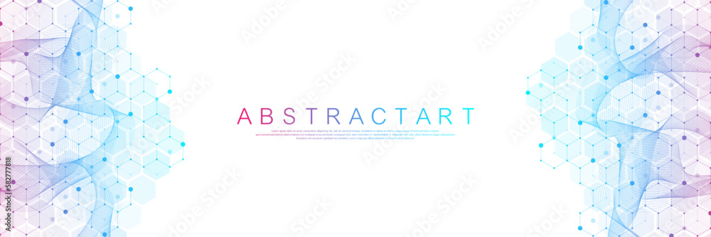 Poster Technology abstract lines and dots connect background with hexagons. Hexagons connection digital data and big data concept. Hex digital data visualization. Vector illustration