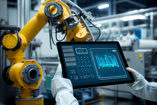 Real-time monitoring of robotic machines and processes in a metalworking plant. Workers use digital tablets to control the robot arm.