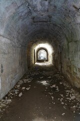 Vertical shot of the ruined artillery batteries tunnel on the Mont Chaberton, Rochebrune, France