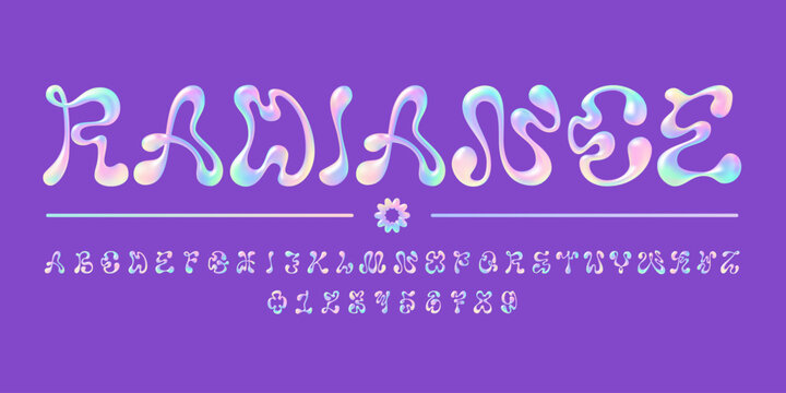 Futuristic Liquid Y2K Font Featuring Neon Holographic Radiant Gradient. Vector Alphabet Letters And Numbers In A Stylish, Modern Design