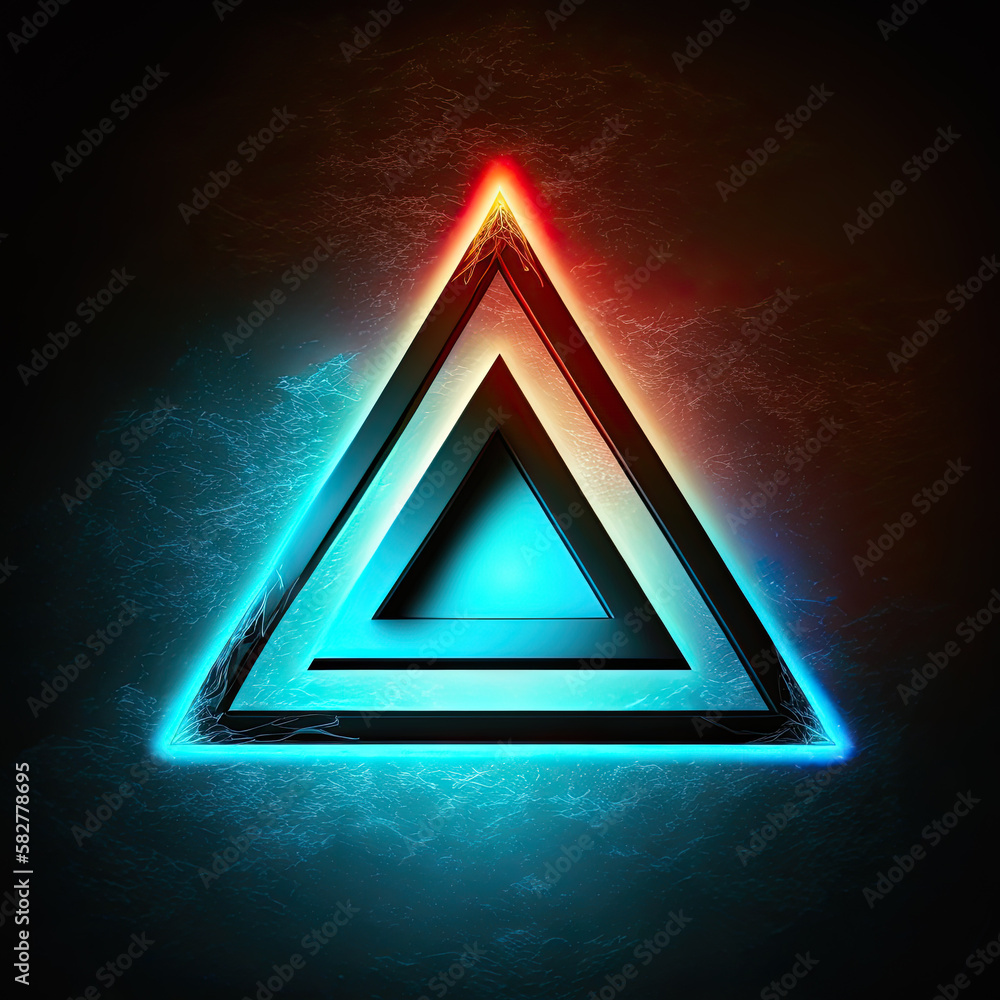 Poster abstract background with magic neon light triangle, triangular with glowing lines on dark background