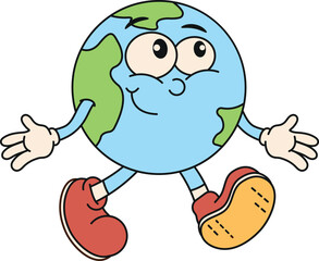  Character cartoon retro planet Earth. The concept of earth day and save the planet. Environment. Clockwork illustration in the style of the 70s on a transparent white background. Earth planet icon.