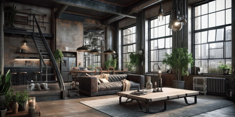 Fototapeta premium Living room loft in industrial style, 3d render Generative AI