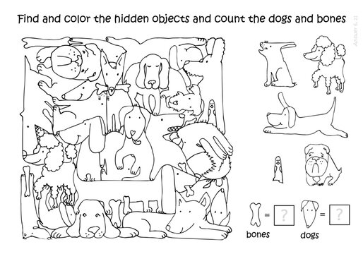 Dogs. Find and color the hidden objects and count the bones, dogs. Coloring page. Game.  Educational puzzle for children. Sketch Vector linear illustration
