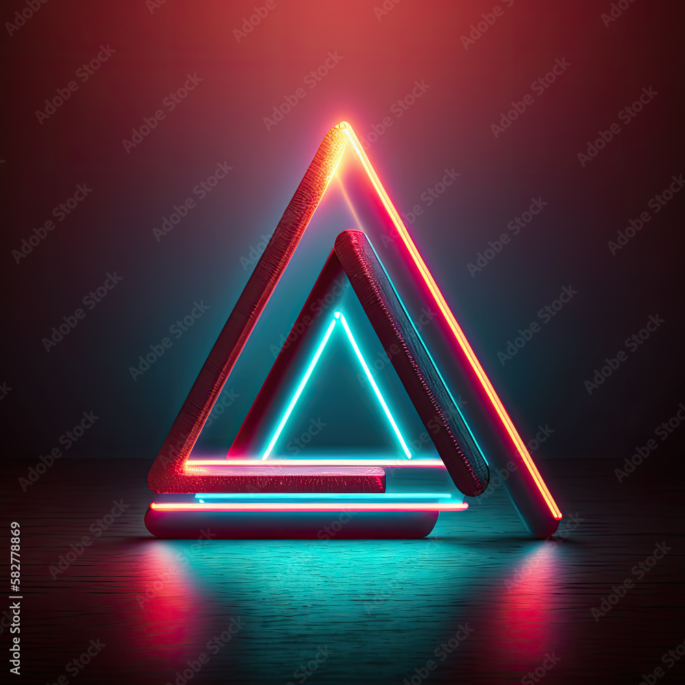 Poster abstract background with magic neon light triangle, triangular with glowing lines on dark background