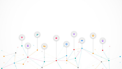 Information technology background with infographic elements and flat icons. Digital technology, network connection and communication concept. Vector illustration