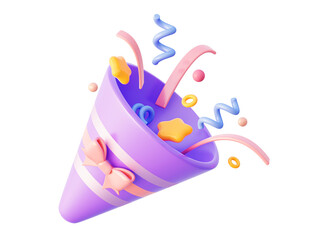 3d party popper with confetti. For event birthday and new year.  Surprise bonus. Firecracker with serpentine and stars. 3d rendering illustration. © Kari_designer