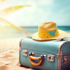 SUITCASE AND HAT ON THE BEACH GENERATIVE AI