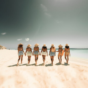 group of girls on a caribbean beach in summer Generative AI