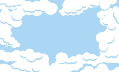 White fluffy clouds surround an opening that reveals clear blue sky where graphic elements or text may be placed.  This is an illustration on a transparent background. 