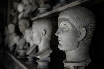 Roman statues and marble busts of emperors