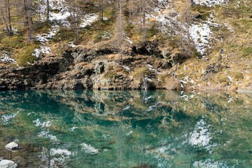 Turquoise lake surrounded by snow-covered cliffs full of bare trees in the daytime