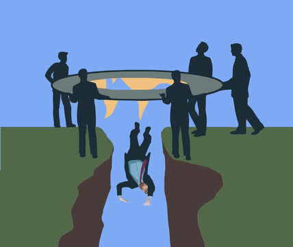 A businessman is victim to failure of a back up plan by his co-workers as he falls through a catch net held by those workers. This is a 3-d illustration.