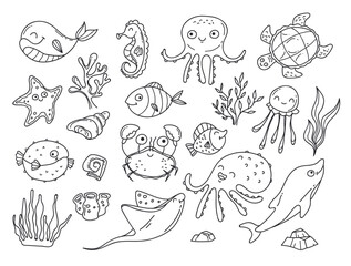 Sea animal marine underwater doodle line art style isolated set. Vector graphic design element illustration