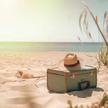 SUITCASE AND HAT ON THE BEACH GENERATIVE AI