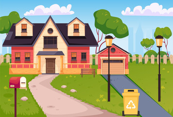 Naklejka premium Country house exterior landscape garden scene background concept. Vector graphic design element illustration