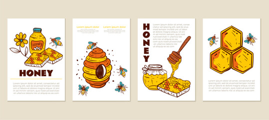 Honey honeycomb honeybee food background pattern flyer concept set. Vector graphic design element illustration