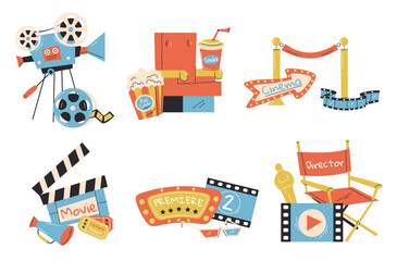 Cinema theater movie film studio production line doodle isolated icon set. Vector flat graphic design element concept