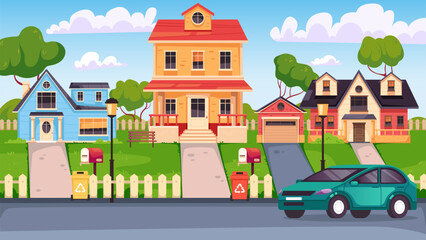 Neighborhood street cartoon house home city small town village concept. Vector graphic design illustration