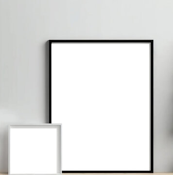 Empty vertical frame mockup in modern minimalist interior on white wall background. Template for artwork with transparence