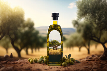 Olive oil bottle mockup in a blurred olive tree field made with Generative AI.