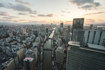 Beautiful Panoramic City Skyline during Sunset of Osaka in Japan