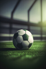 Fototapeta na wymiar Traditional soccer ball on soccer field made with Generative AI.