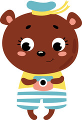 Cute hand drawn teddy bear with a camera. Summer