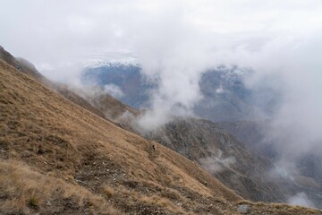 Closeup of hills covered with fog