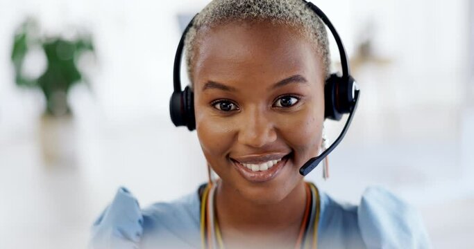 Online crm, face and happy black woman with a smile from customer support work. Call centre, telemarketing and web consultant with happiness of professional consulting with blurred background