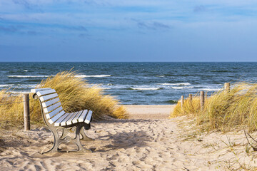Strand mit Sitzbank an der Küste der Ostsee in Graal Müritz - 582781658