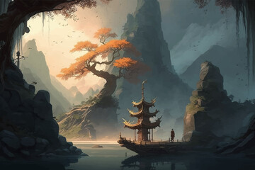 Fantasy landscape with a wooden boat, mountains and a bonsai tree. Peace and nature. Digital painting. 3d vector illustration. Image