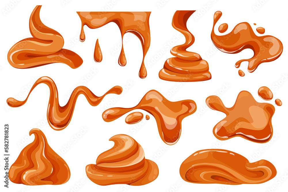 Leinwandbilder melted caramel set graphic elements in flat design. bundle of caramel flowing and dripping, liquid t