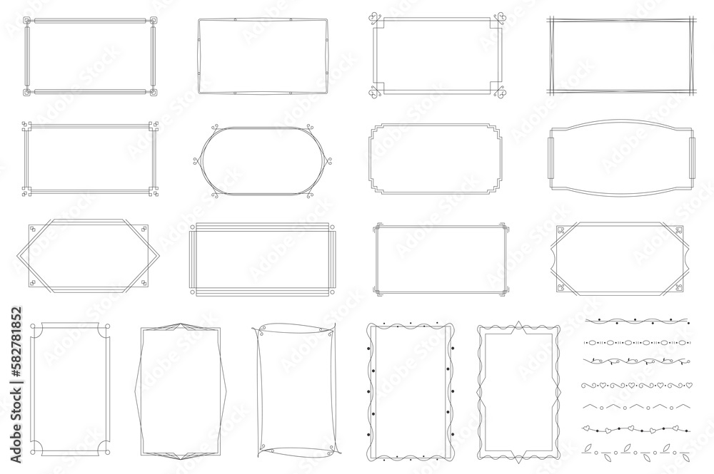 Poster decorative frames set graphic elements in flat design. bundle of vintage lines calligraphic borders 